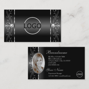 Noble Black White Squiggled Jewels Logo and Photo Business Card