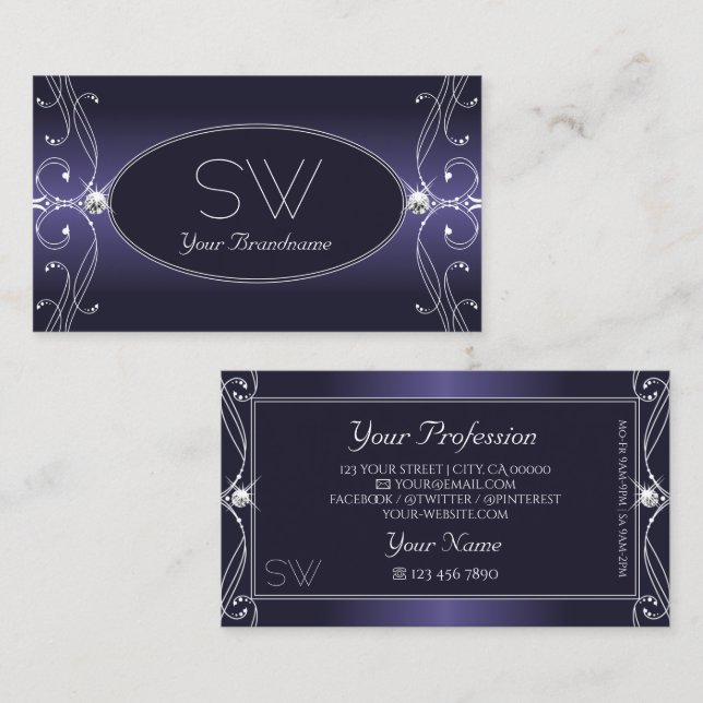 Noble Blue Ombre Ornate Sparkle Diamonds Monogram Business Card (Front/Back)