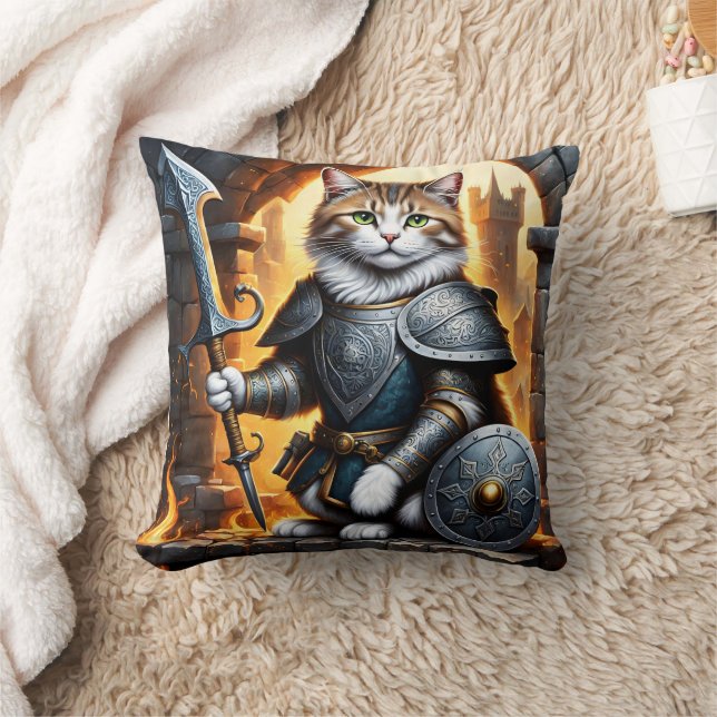 Noble Cat in Armour Holding Sword and Shield Cushion (Blanket)