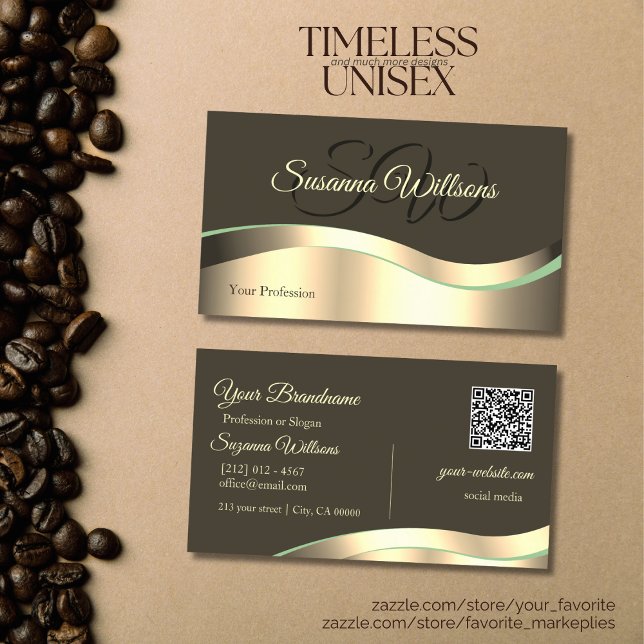 Noble Dark Brown Wavy Gold Decor Initials QR Code Business Card (Creator Uploaded)