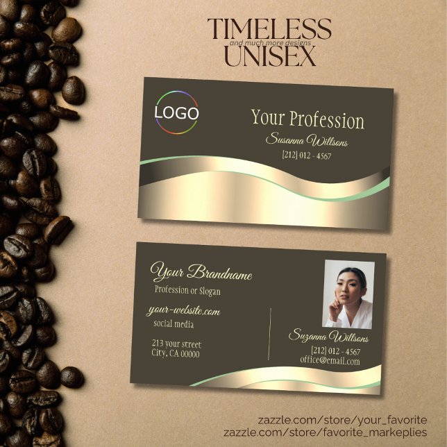Noble Dark Brown Wavy Gold Decor with Logo Photo Business Card (Creator Uploaded)