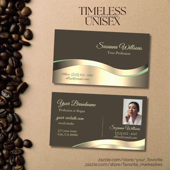 Noble Dark Brown Wavy Gold Decor with Photo Luxury Business Card (Creator Uploaded)