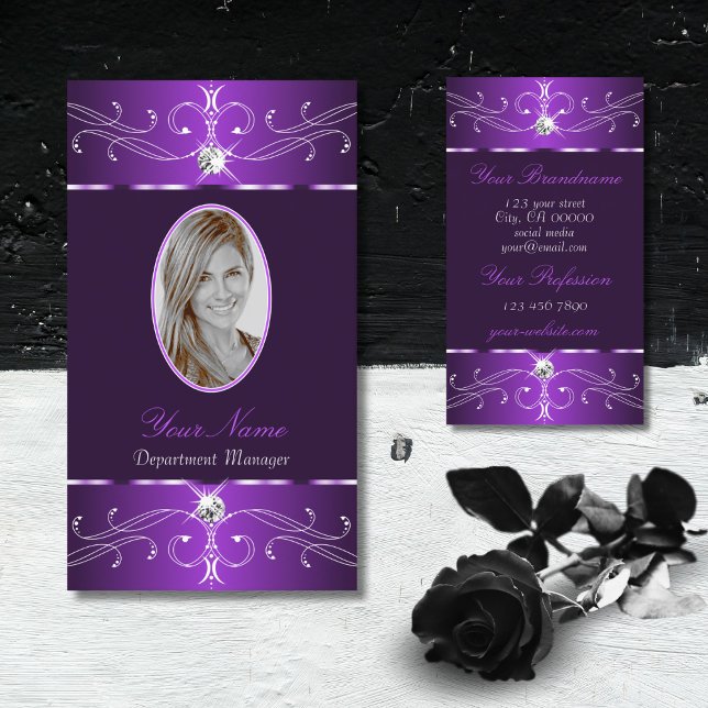 Noble Dark Purple Lilac Ornate Ornaments Add Photo Business Card (Creator Uploaded)
