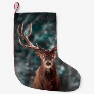 Noble deer male in winter snow forest. Artistic wi Small Christmas Stocking