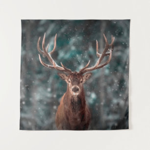 Noble deer male in winter snow forest. Artistic wi Tapestry