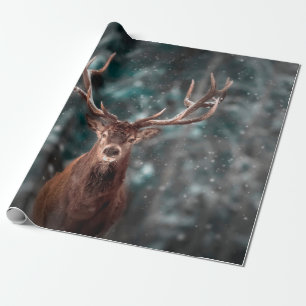 Noble deer male in winter snow forest. Artistic wi Wrapping Paper