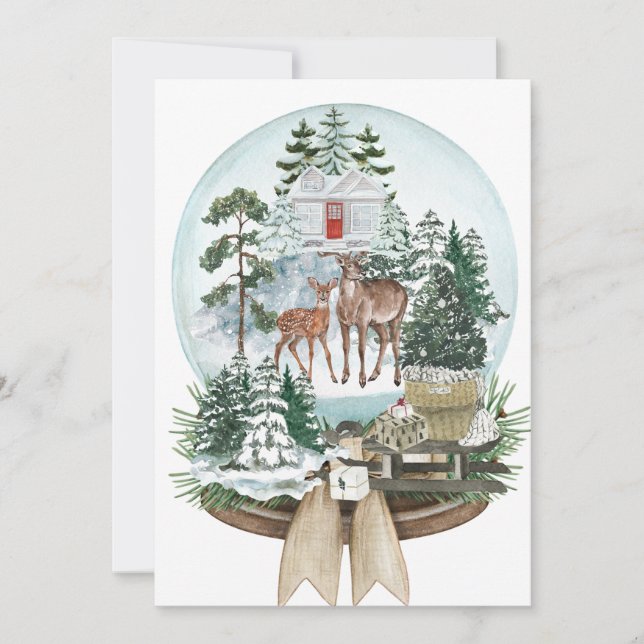 Noble deer male in winter snow forest invitation (Front)