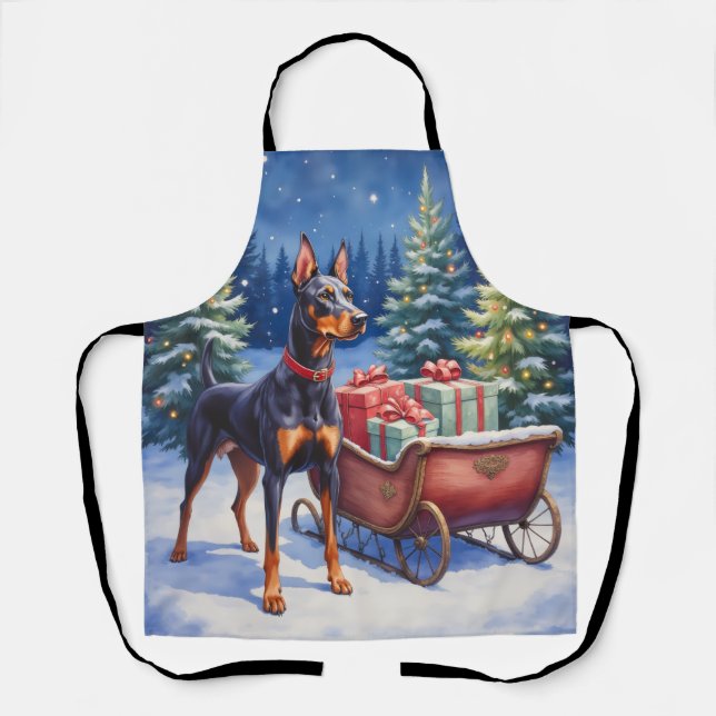 Noble Doberman Guarding Christmas Sleigh Winter Apron (Front)