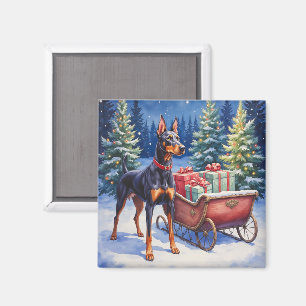 Noble Doberman Guarding Christmas Sleigh Winter Magnet