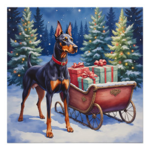 Noble Doberman Guarding Christmas Sleigh Winter Poster