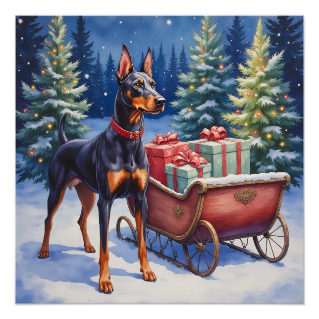 Noble Doberman Guarding Christmas Sleigh Winter Poster (Front)