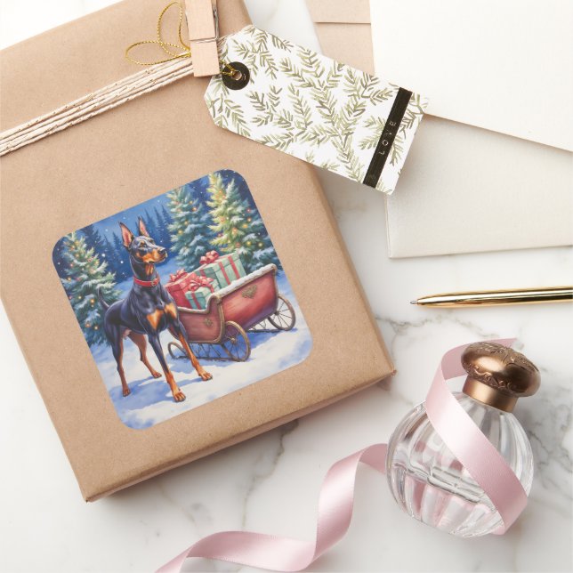 Noble Doberman Guarding Christmas Sleigh Winter Square Sticker (Gifting)