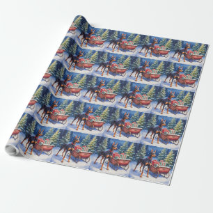 Noble Doberman Guarding Christmas Sleigh Winter Wrapping Paper