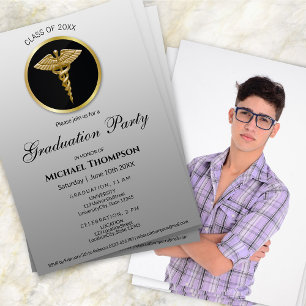 Noble Gold Caduceus Medical Graduation   Photo Invitation