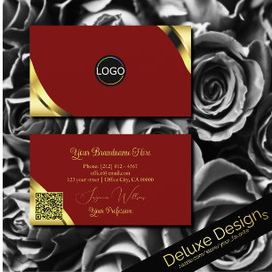 Noble Gold Corners on Red with Logo and QR Code Business Card