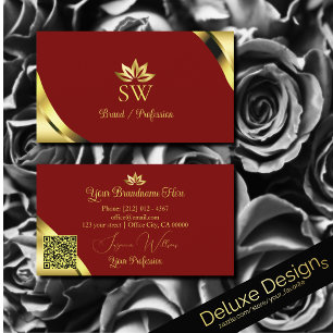 Noble Gold Corners on Red with Monogram QR Code Business Card