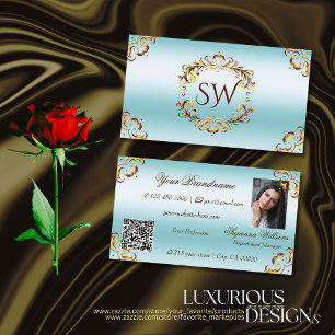 Noble Gold Decor Ice Blue Monogram Photo QR Code Business Card