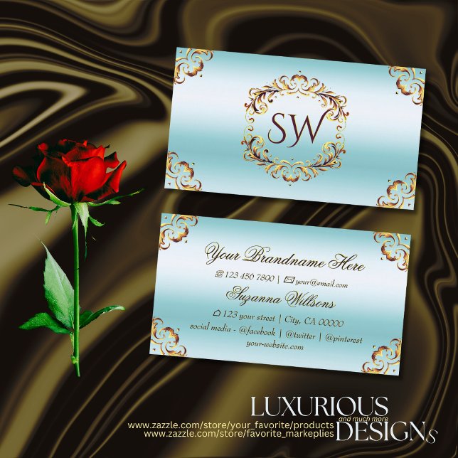 Noble Gold Decor Ice Blue with Monogram Impressive Business Card (Creator Uploaded)