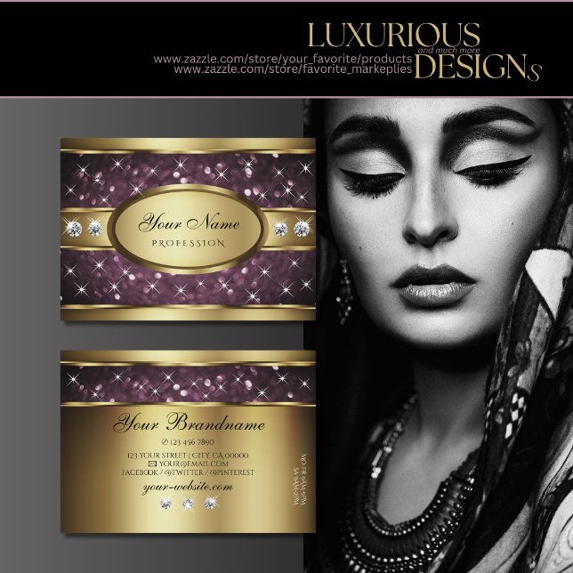 Noble Gold Decor Purple Glitter Stars and Diamonds Business Card (Creator Uploaded)