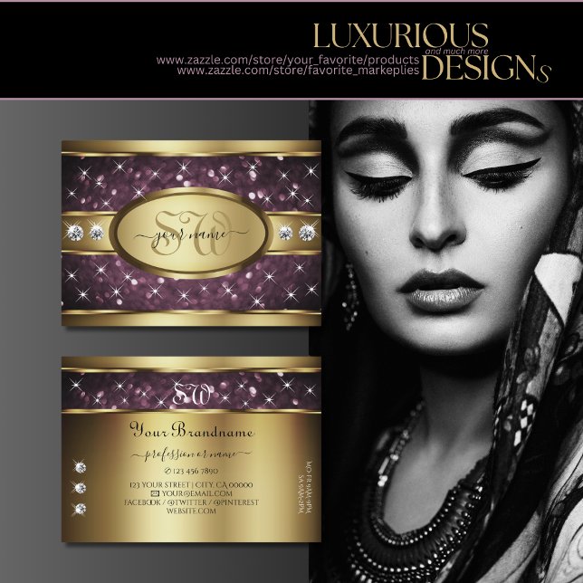 Noble Gold Purple Glitter Stars Diamonds Monogram Business Card (Creator Uploaded)