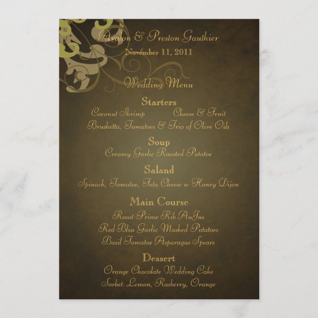 Noble Gold Scroll Brown Wedding Menu (Front)