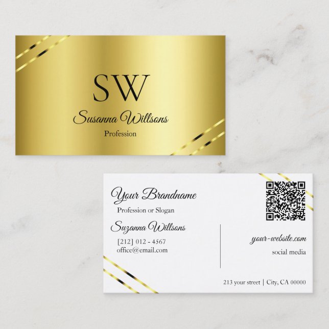 Noble Gold with Shimmery Lines Monogram QR Code Business Card (Front/Back)