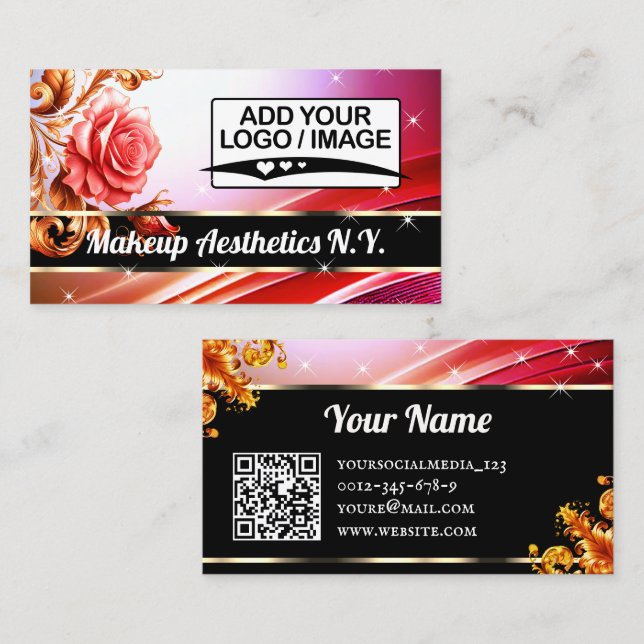 Noble Golden Pink Rose Glitter Stars QR Code Logo Business Card (Front/Back)