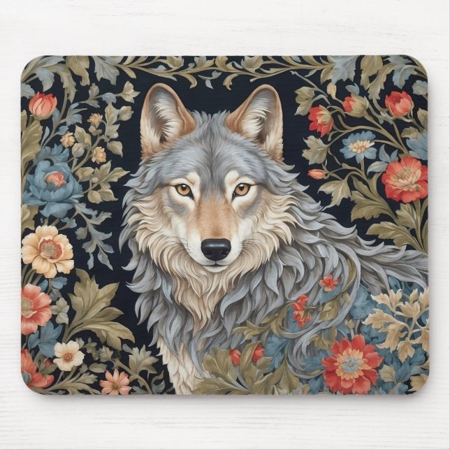 Noble Grey Wolf William Morris Inspired Mouse Mat (Front)