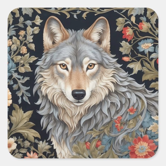 Noble Grey Wolf William Morris Inspired Square Sticker (Front)