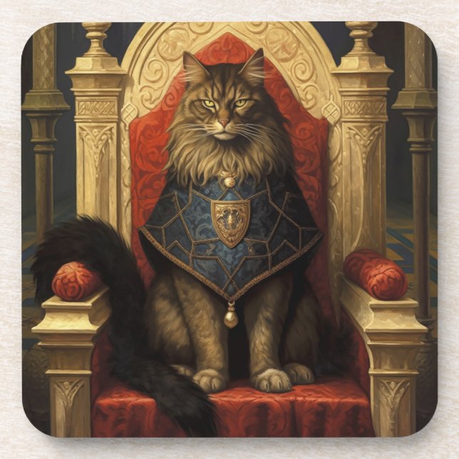 Noble Maine Coon Cat Throne Art Print Coaster (Front)
