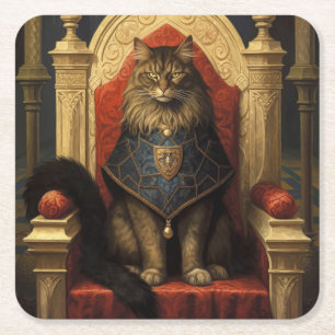 Noble Maine Coon Cat Throne Art Print Square Paper Coaster