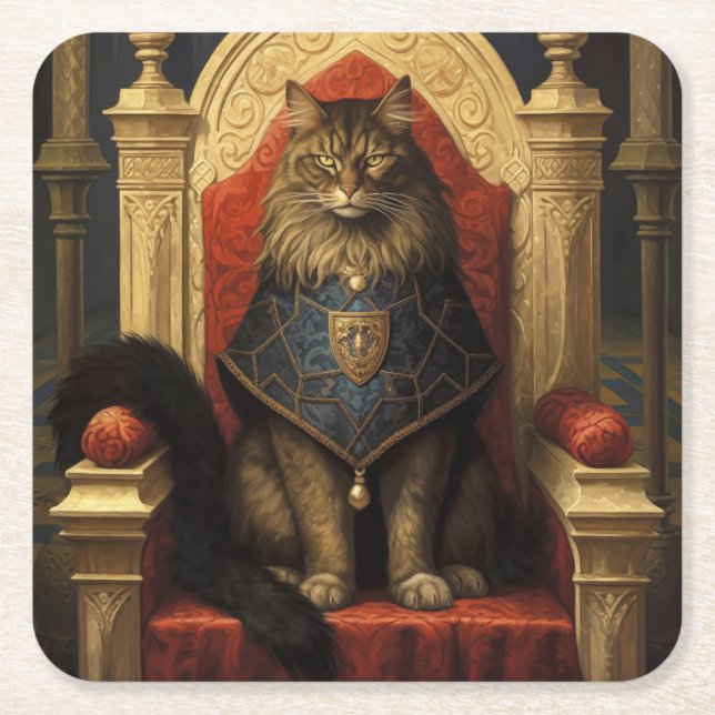 Noble Maine Coon Cat Throne Art Print Square Paper Coaster (Front)