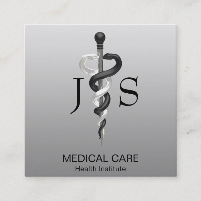 Noble Medical Classy Elegant Black White Asclepius Square Business Card (Front)