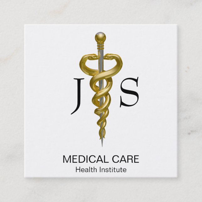 Noble Medical Classy Elegant Gold Silver Asclepius Square Business Card (Front)