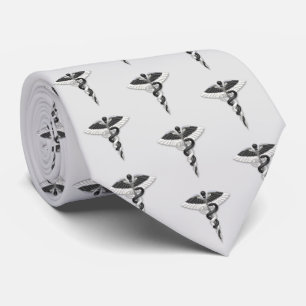 Noble Medical Elegant Black White Caduceus Pattern Tie