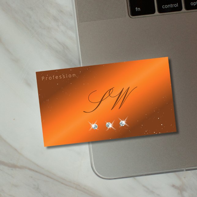 Noble Orange and Brown Sparkling Diamonds Initials Business Card (Creator Uploaded)
