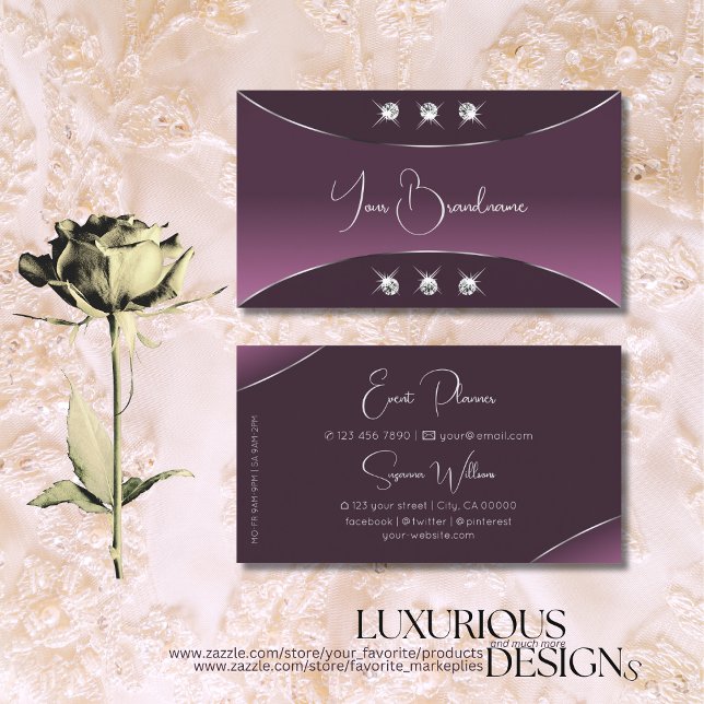 Noble Purple with Silver Decor Sparkling Diamonds Business Card (Creator Uploaded)
