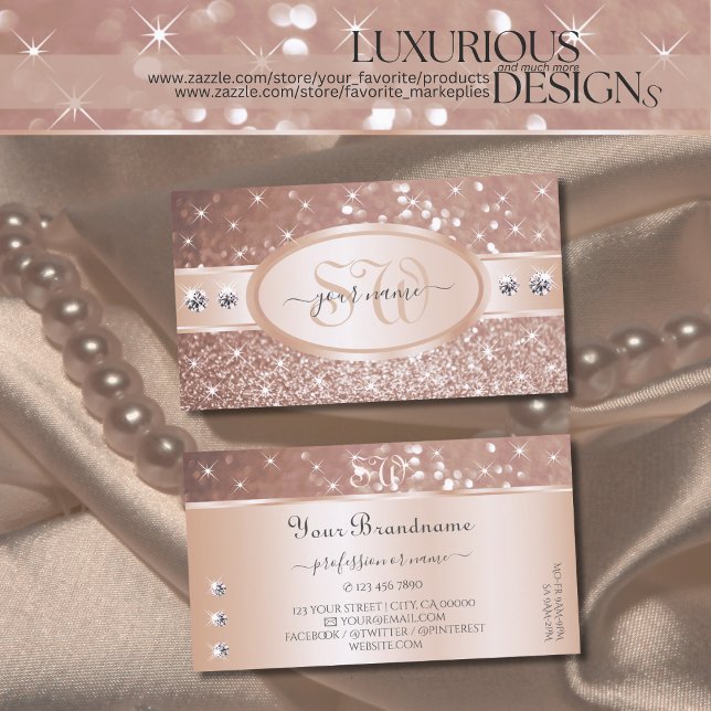Noble Rose Golden Glitter Stars Diamonds Initials Business Card (Creator Uploaded)