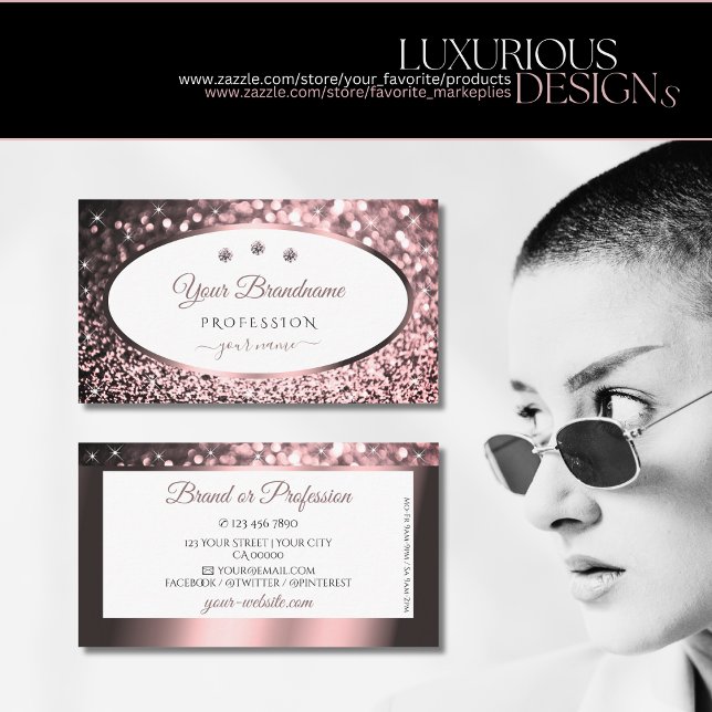 Noble Rose Pink and White Sparkle Glitter Jewels Business Card (Creator Uploaded)