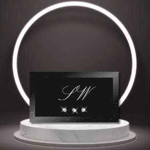 Noble Shimmery Black Sparkling Diamonds Monogram Business Card