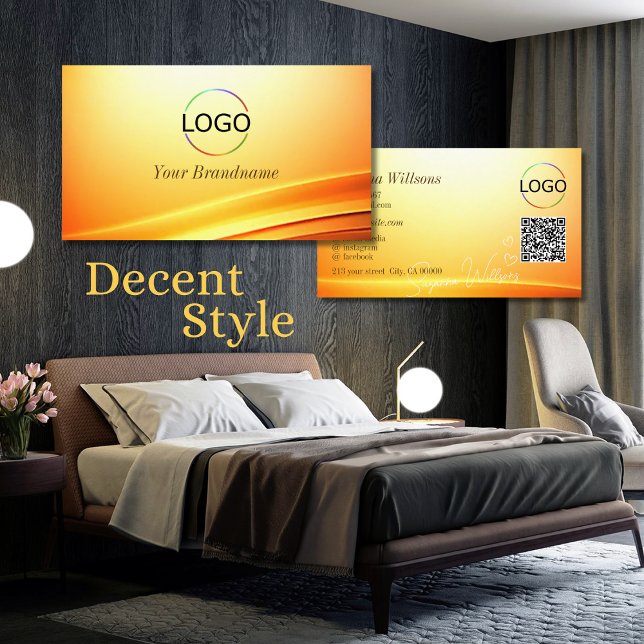 Noble Shimmery Orange Curved Decor Logo QR Code Business Card (Creator Uploaded)