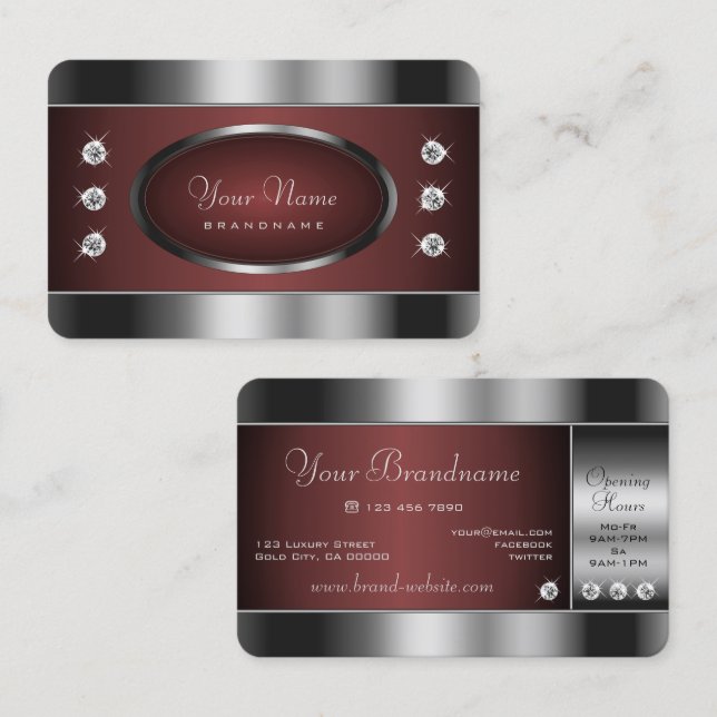 Noble Silver and Burgundy with Sparkling Diamonds Business Card (Front/Back)