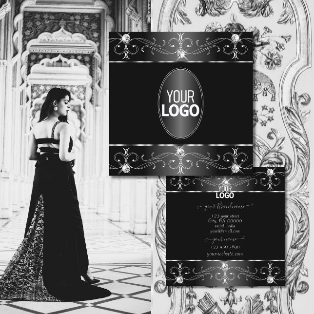 Noble Silver Black White Ornate Ornaments Add Logo Square Business Card (Creator Uploaded)