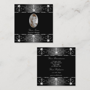 Noble Silver Black White Ornate Ornaments Photo Square Business Card