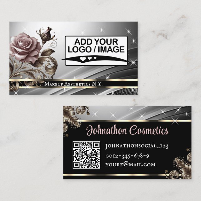Noble Silver Pink Rose Glitter Stars QR Code Logo Business Card (Front/Back)