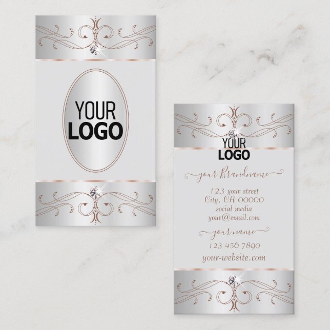 Noble Silver Rose Gold Ornate Ornaments with Logo Business Card (Front/Back)