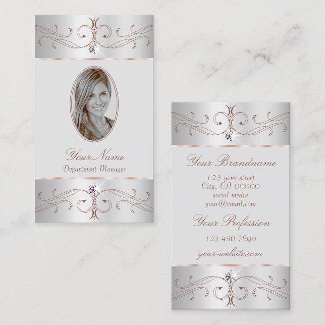 Noble Silver Rose Gold Ornate Ornaments with Photo Business Card (Front/Back)