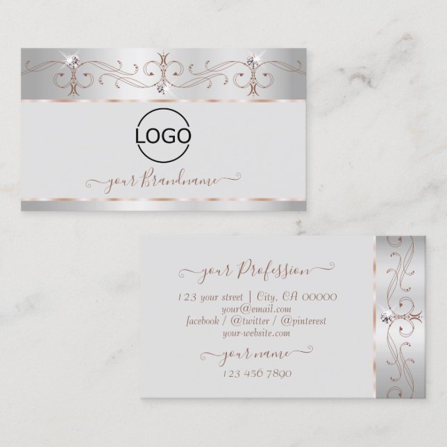 Noble Silver Rose Ornate Sparkle Diamonds Add Logo Business Card (Front/Back)