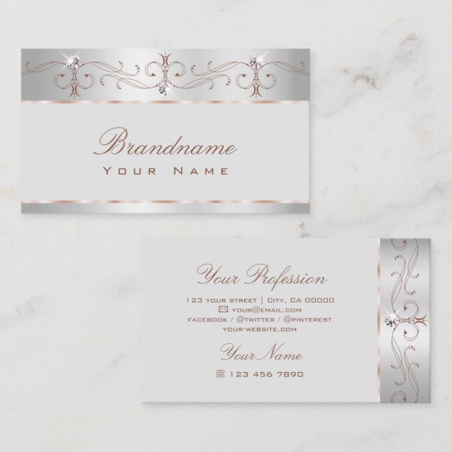Noble Silver Rose Ornate Sparkle Diamonds Stylish Business Card (Front/Back)
