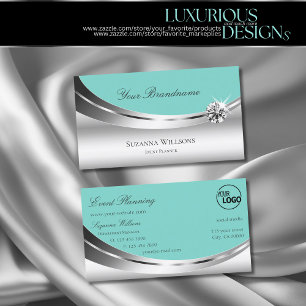 Noble Silver Teal with Logo and Sparkle Diamond Business Card